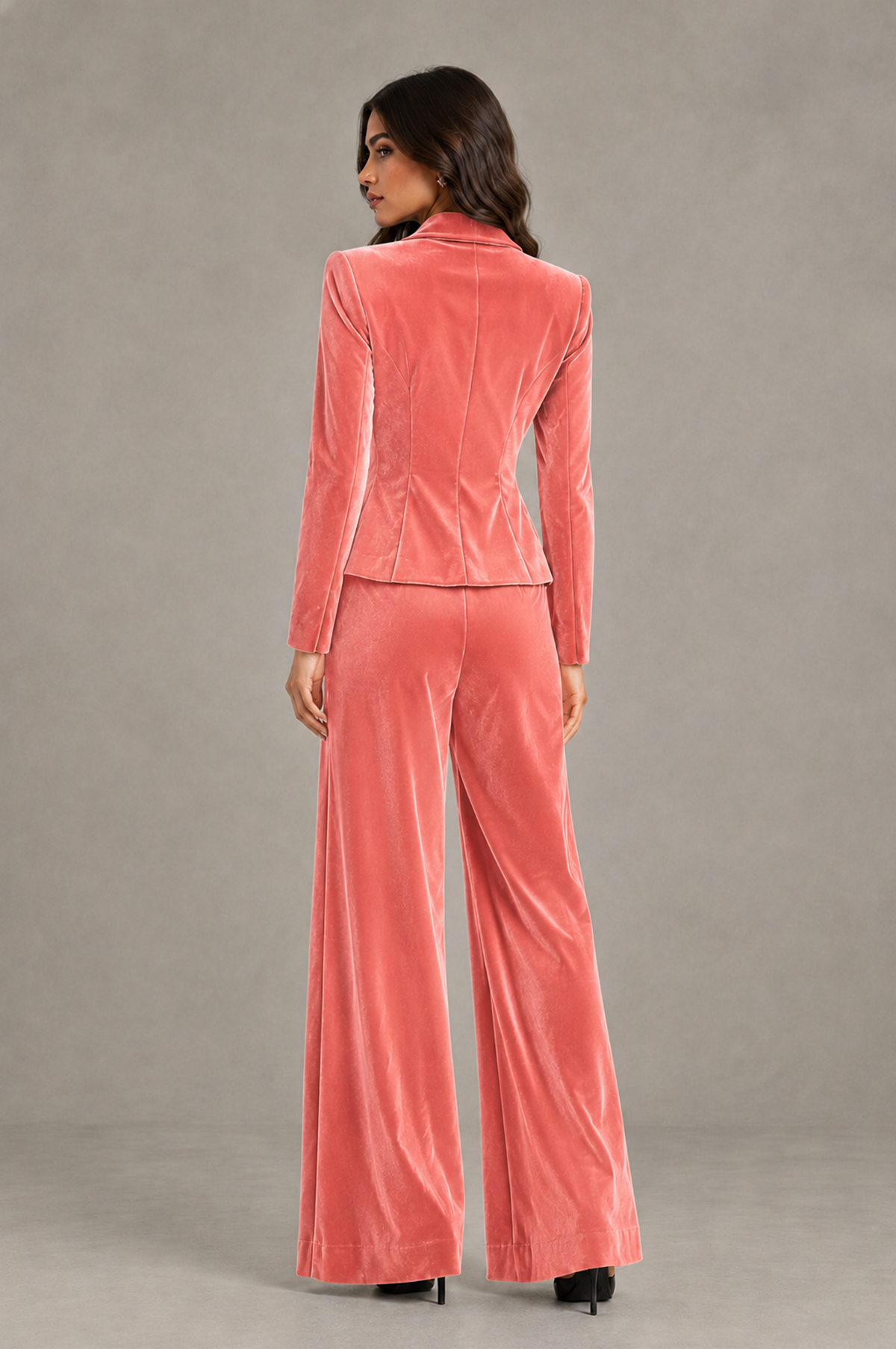 BOLODOO Coral Velvet Two-Piece Pantsuit with Long Sleeve Blazer & Wide-Leg Trousers - Coral - Coral_02