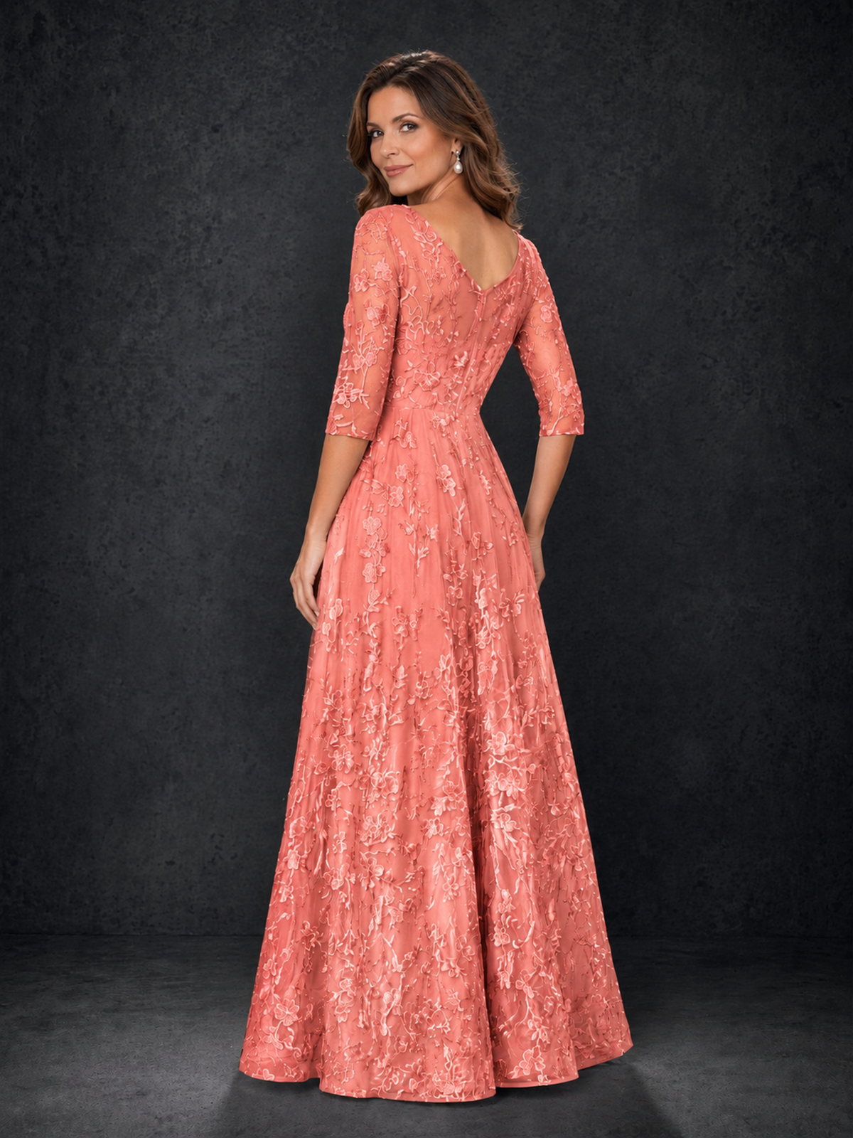 BOLODOO Coral Illusion Bateau Neck 3/4 Sleeve Floral Lace A-Line Mother of the Bride Dress MX007 - Coral - Coral_02