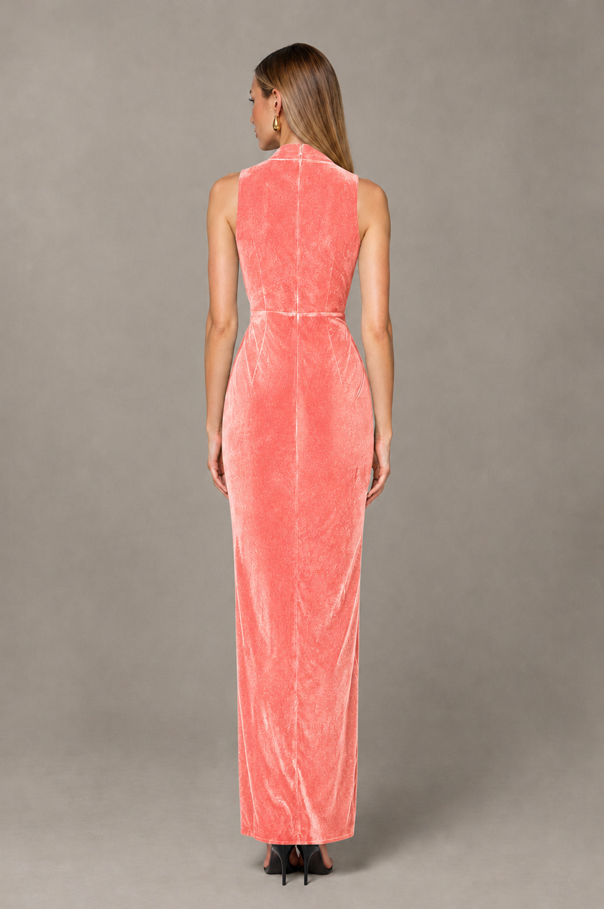 BOLODOO Coral Velvet-Look Sleeveless V-Neck Ruched Slit Maxi Dress - Coral - Coral_02