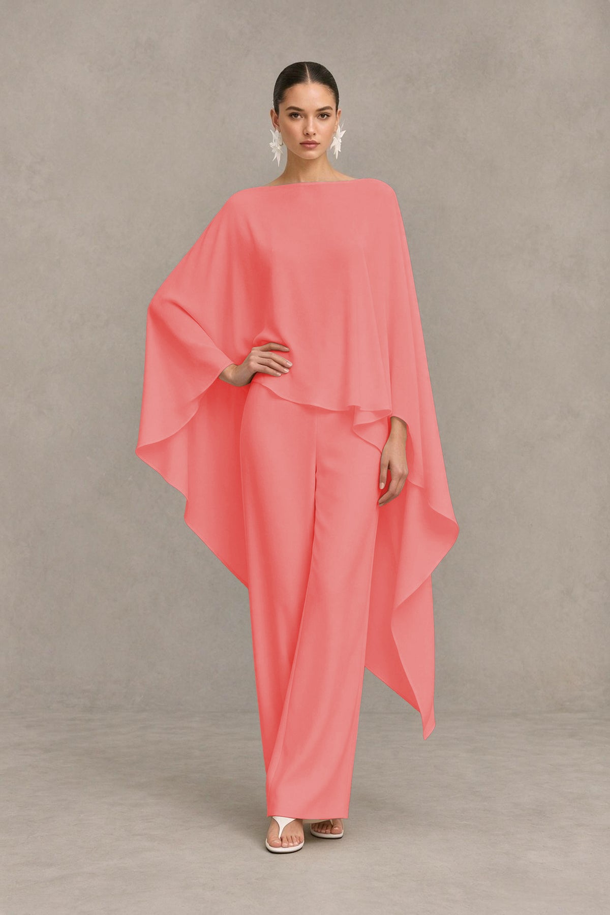 BOLODOO Coral Cape Sleeve Wide-Leg Formal Pantsuit - Coral - Coral_03