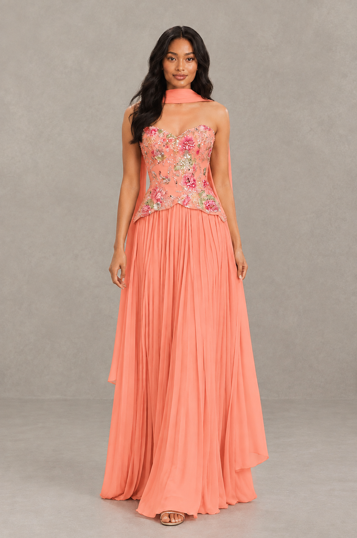 BOLODOO Coral Strapless Beaded Floral Corset Chiffon Maxi Gown – Open Back Prom & Formal Evening Dress - Coral - Coral_03