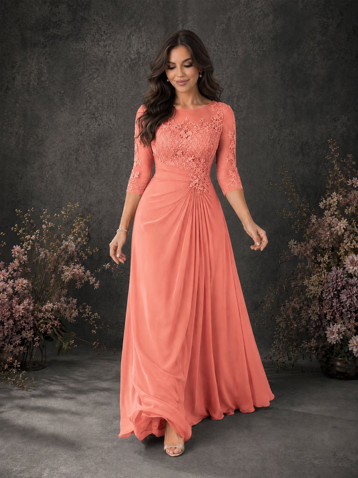 BOLODOO Coral Chiffon Lace Illusion Neckline 3/4 Sleeve Floor Length Formal Gown - Coral - Coral_03