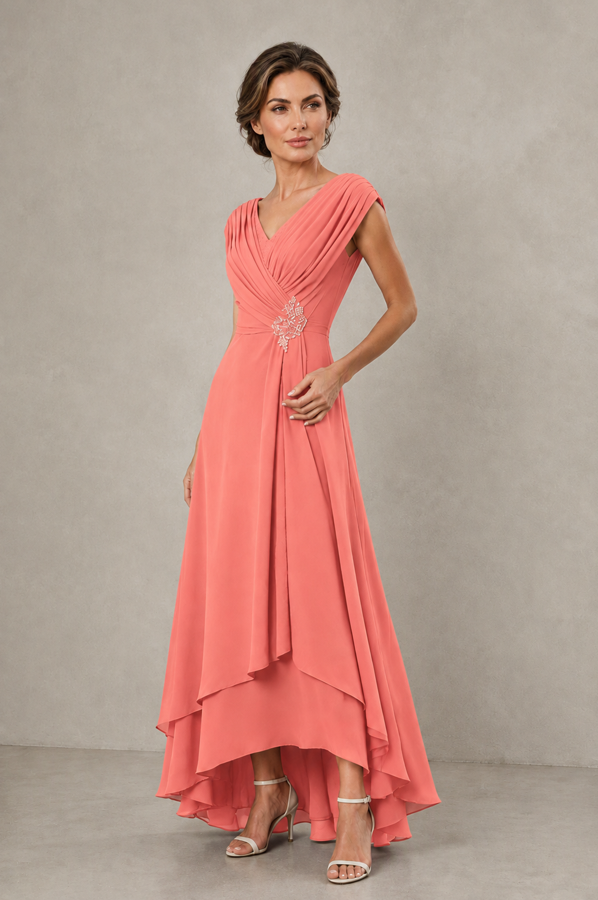 BOLODOO Coral V-Neck High-Low Mother of the Bride Dress - Coral - Coral_03