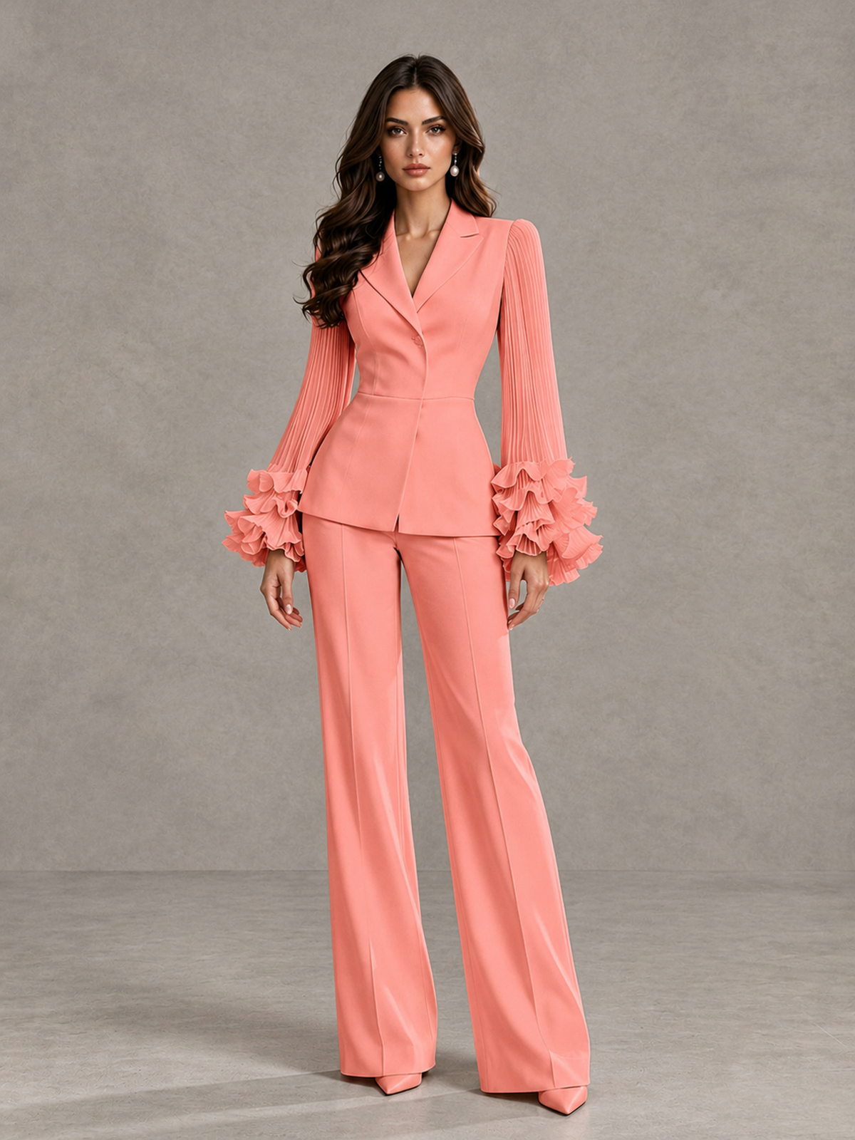 BOLODOO Coral Mother of the Bride Pant Suit – Pleated Long Sleeve Ruffle Cuff Wide Leg Trouser Suit - Coral - Coral_03