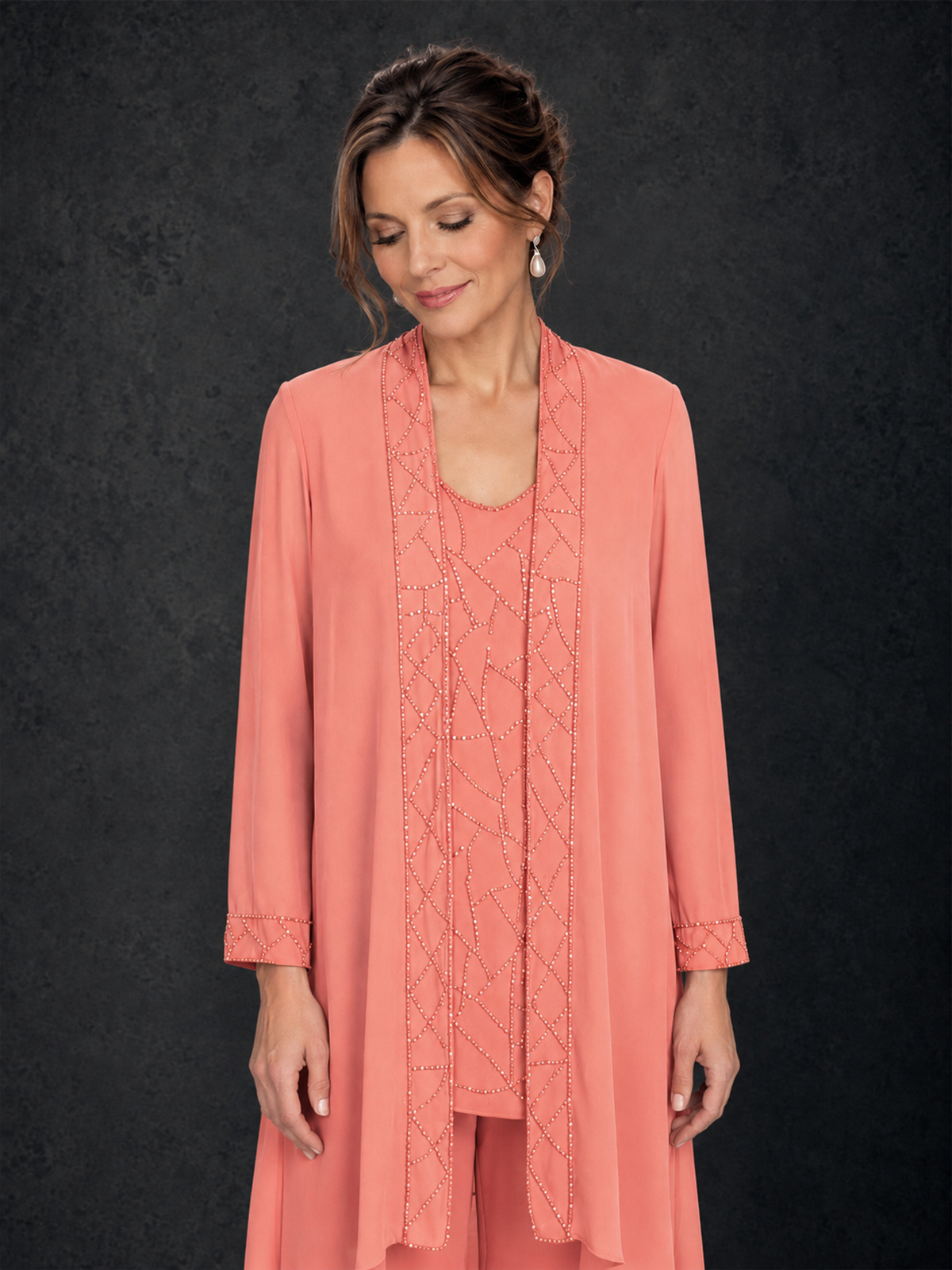 BOLODOO Coral 3-Piece Beaded Chiffon Duster Jacket Pant Suit - Coral - Coral_03