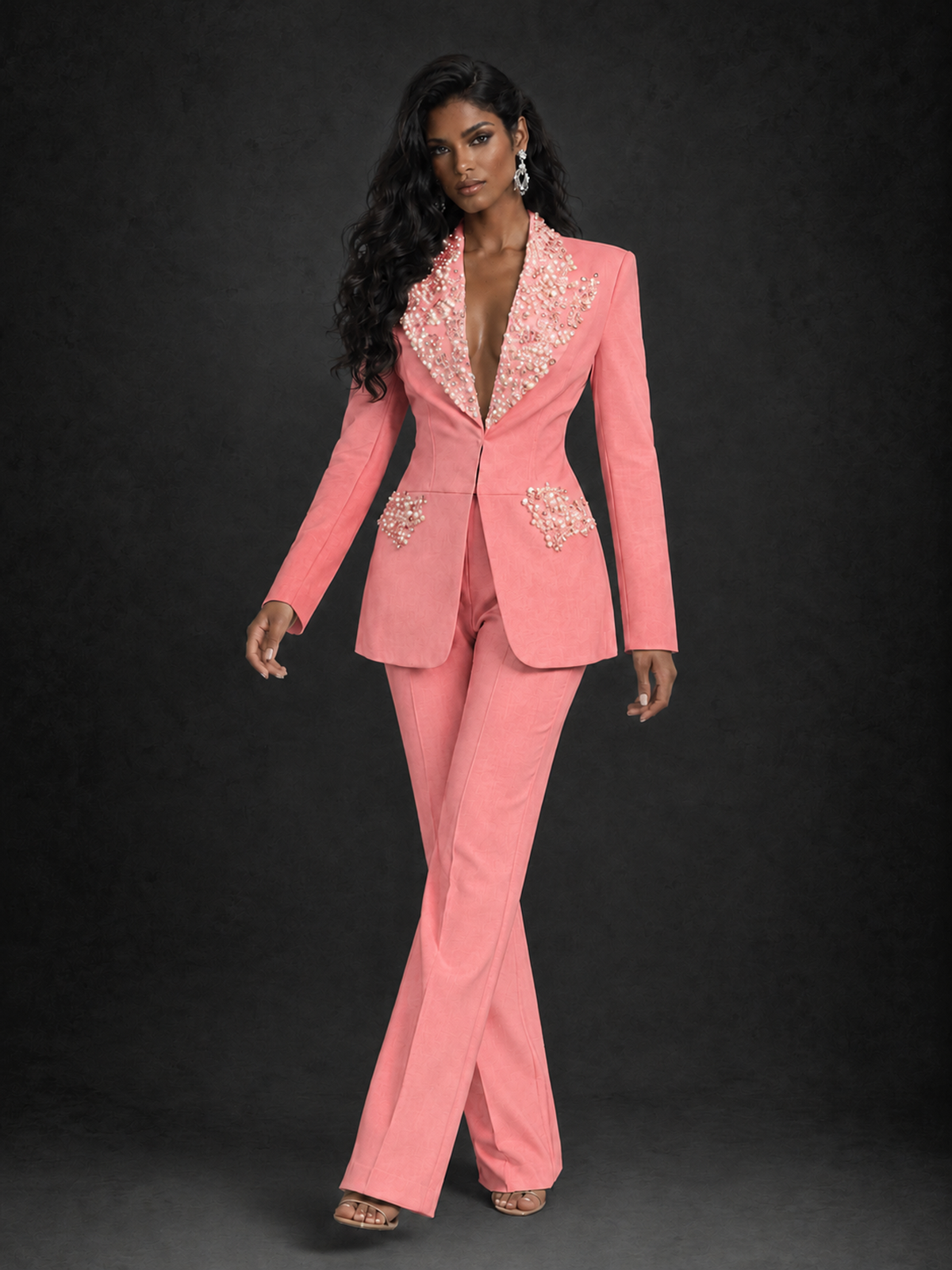 BOLODOO Coral Pearl Rhinestone Floral Deep V-Neck Blazer Wide-Leg Pants Suit Set - Coral - Coral_03