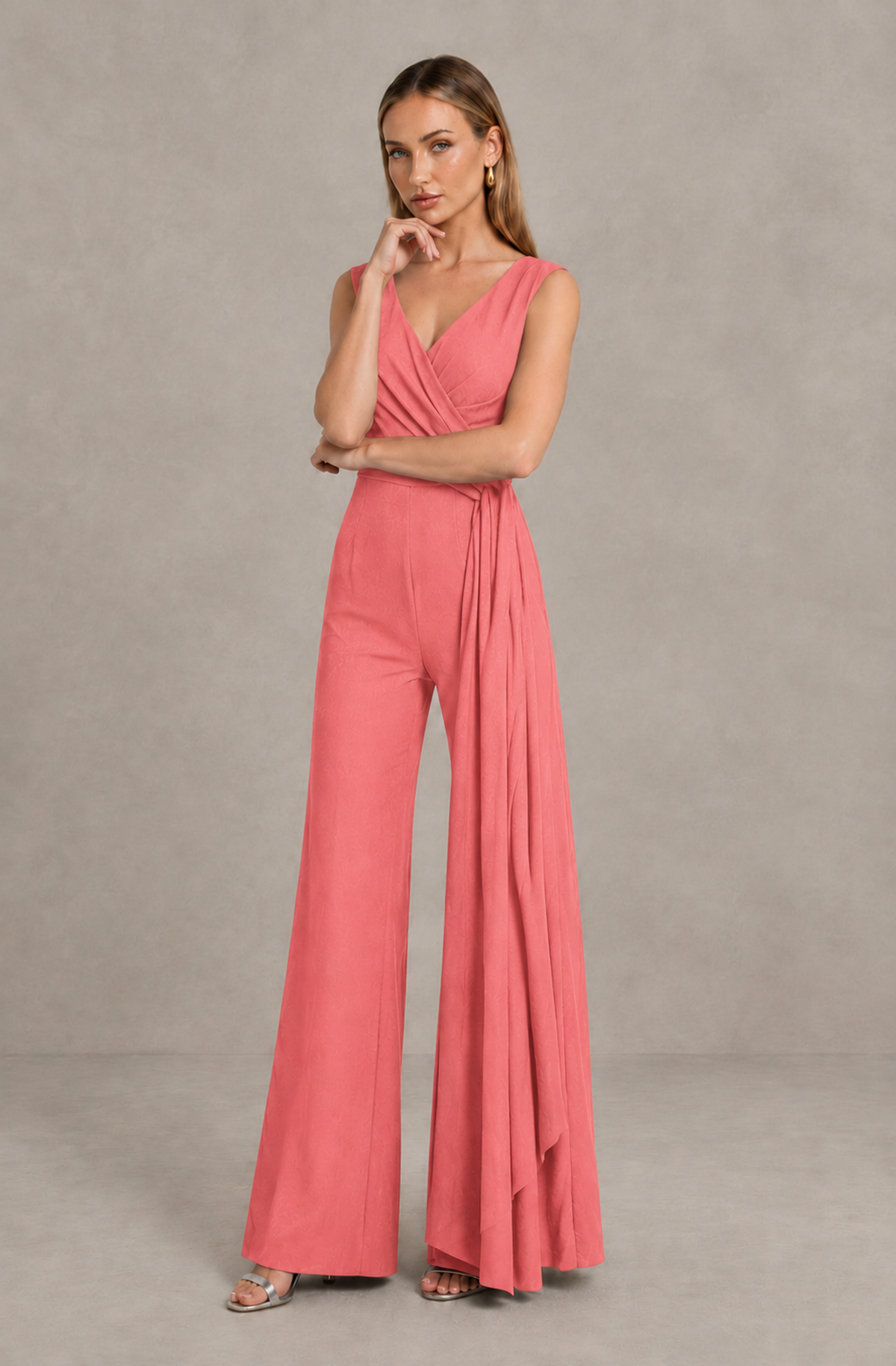 BOLODOO Coral Sleeveless V-Neck Wide-Leg Jumpsuit with Side Drape - Coral - Coral_03