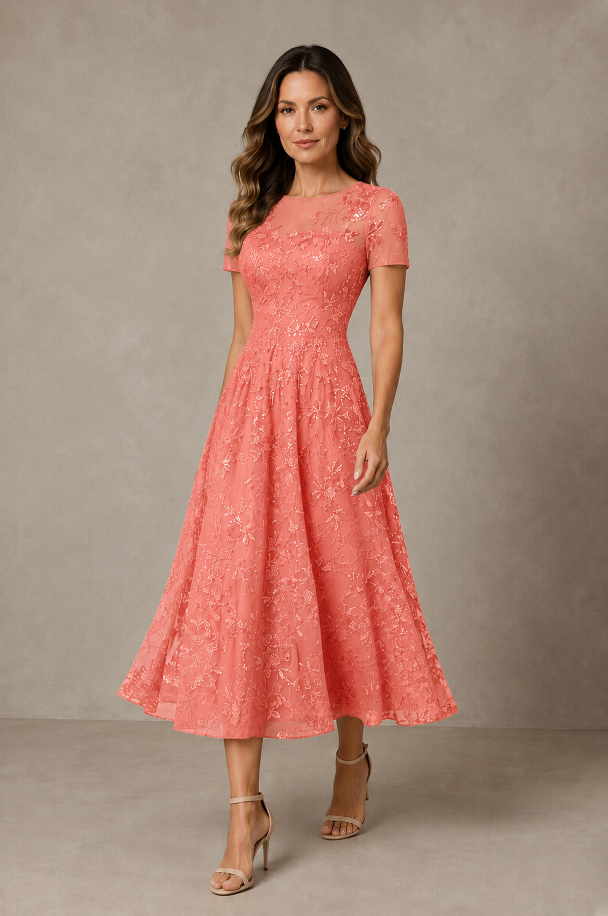 BOLODOO Coral Textured Floral A-Line Dress with Short Sleeves - Coral - Coral_03