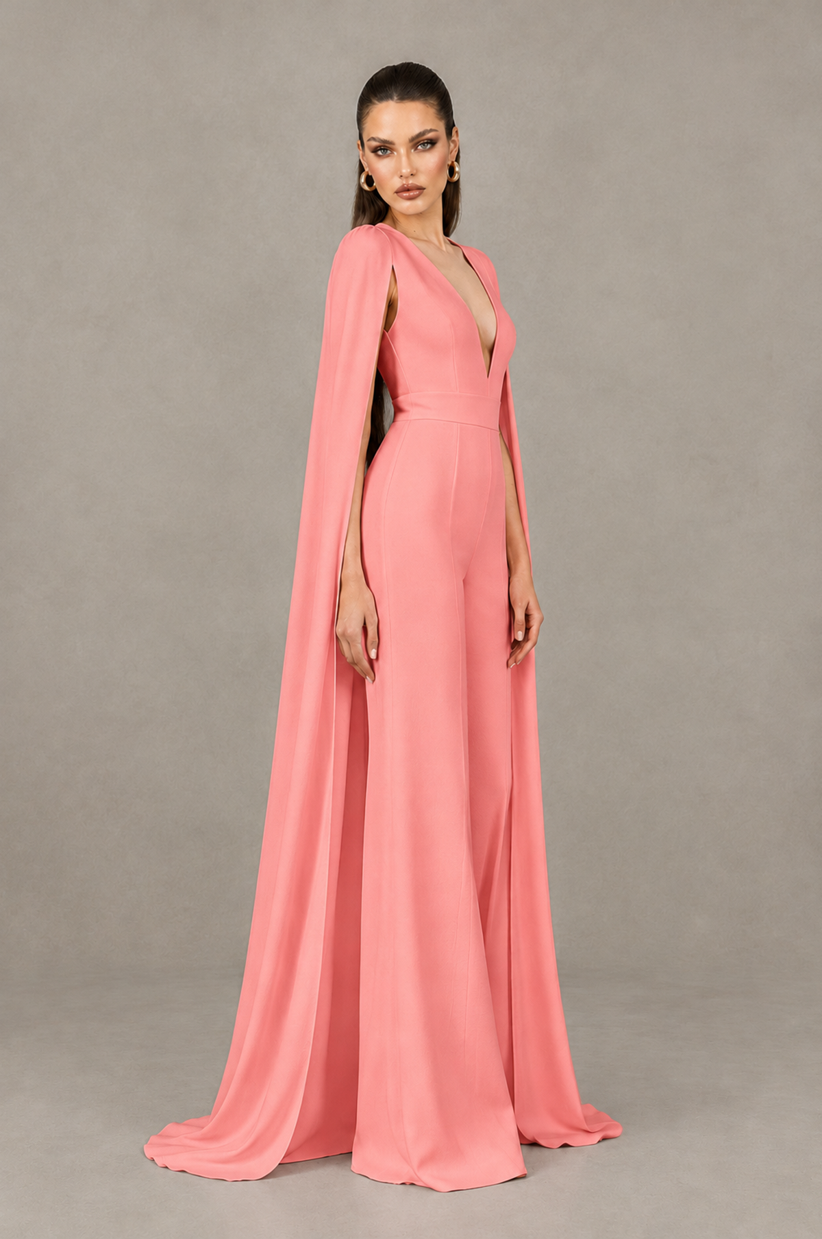 BOLODOO Coral Deep V-Neck Cape Sleeve Bridal Jumpsuit - Coral - Coral_03