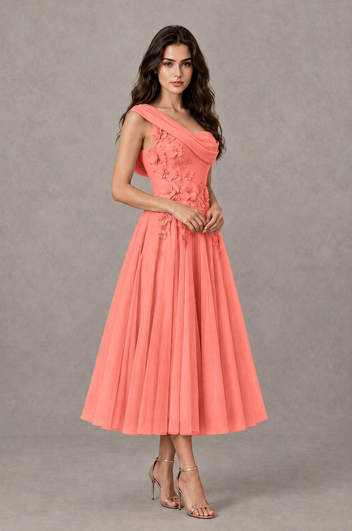 BOLODOO Coral One-Shoulder Floral Tulle Tea-Length Dress - Coral - Coral_03