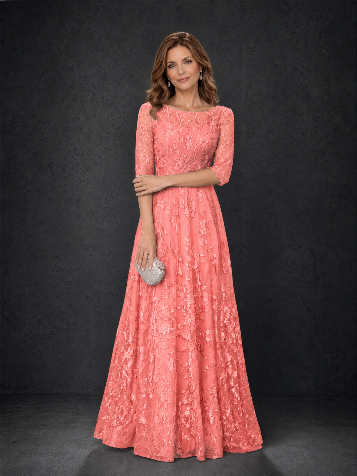 BOLODOO Coral Illusion Bateau Neck 3/4 Sleeve Floral Lace A-Line Mother of the Bride Dress MX007 - Coral - Coral_03
