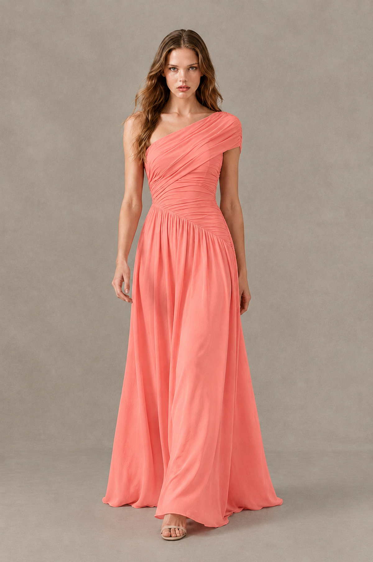 BOLODOO Coral One-Shoulder Ruched Floor-Length Bridesmaid Dress - Coral - Coral_03