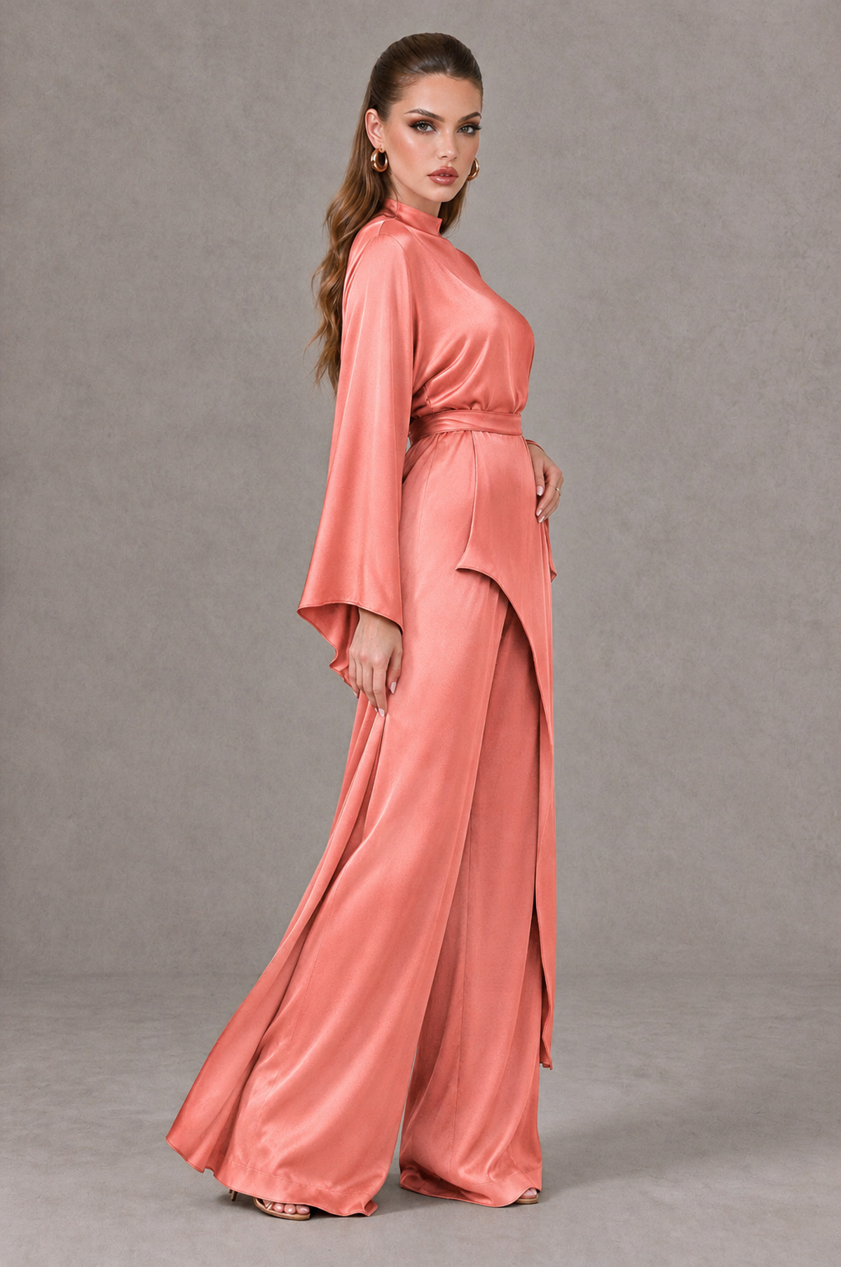 BOLODOO Coral Satin-Look Long Sleeve Wide-Leg Jumpsuit - Coral - Coral_03