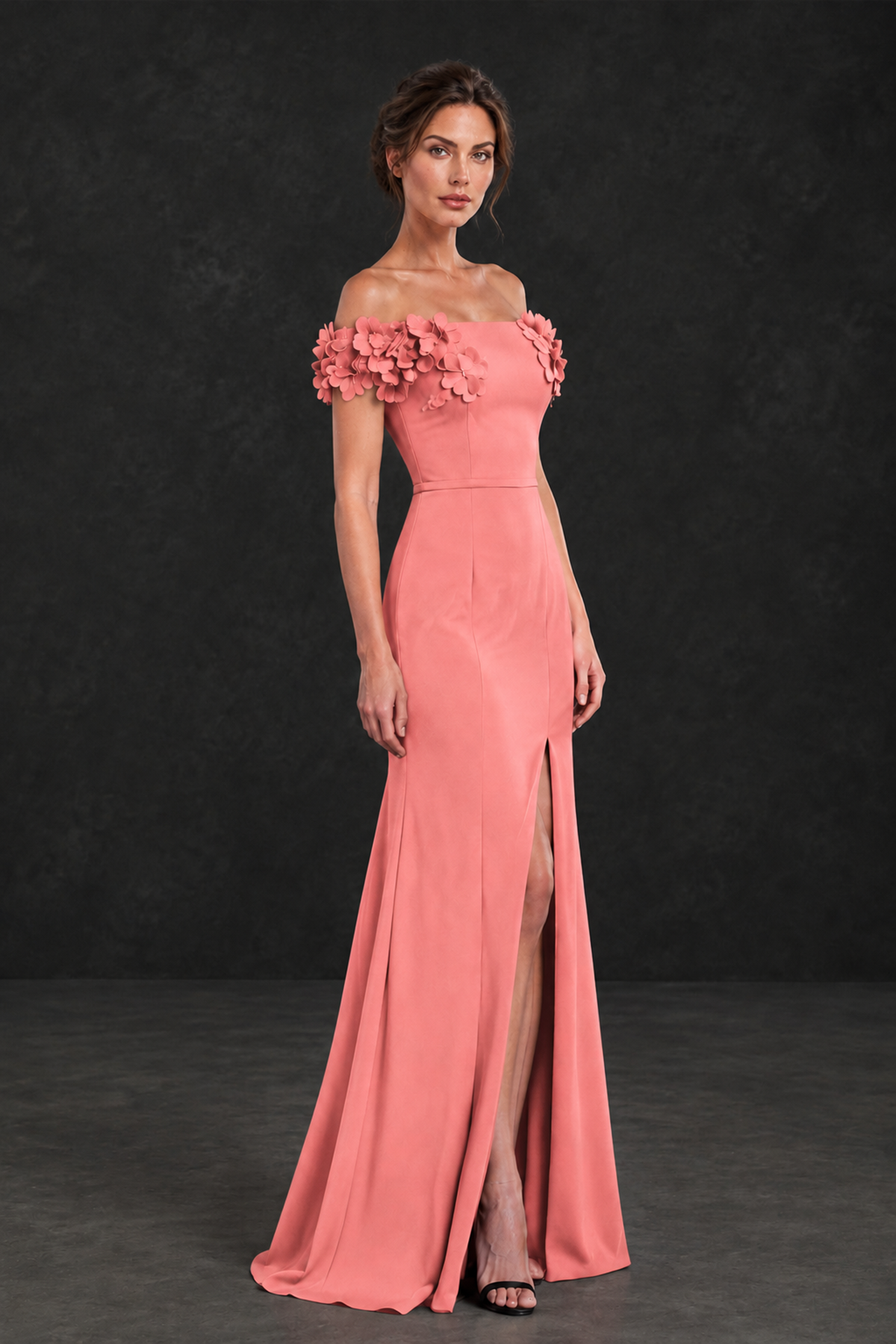 BOLODOO Coral Off-the-Shoulder Mother of the Bride Dress with Floral Appliques - Coral - Coral_03