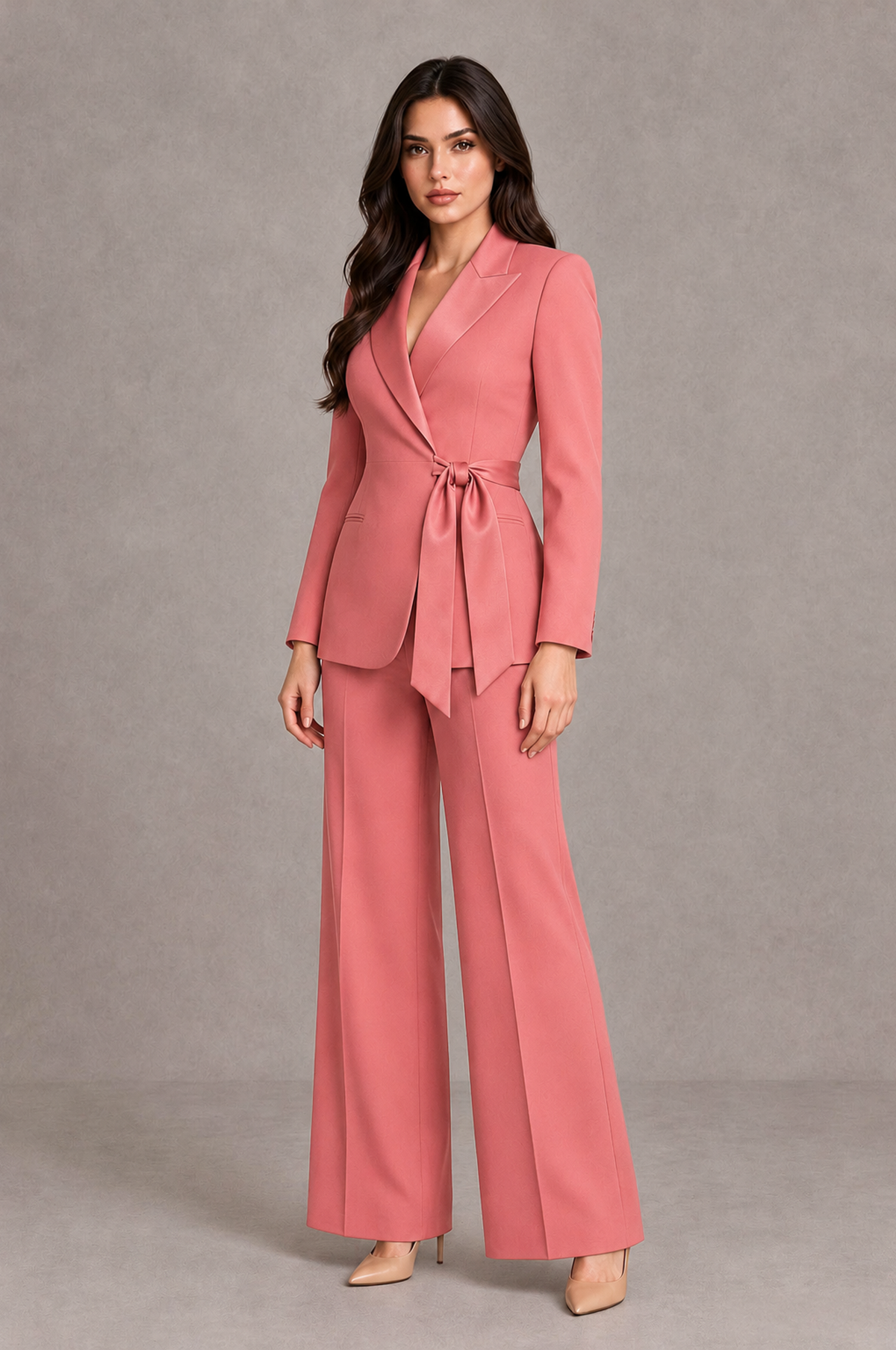 BOLODOO Coral Tie-Waist Blazer & Wide-Leg Pantsuit - Coral - Coral_03