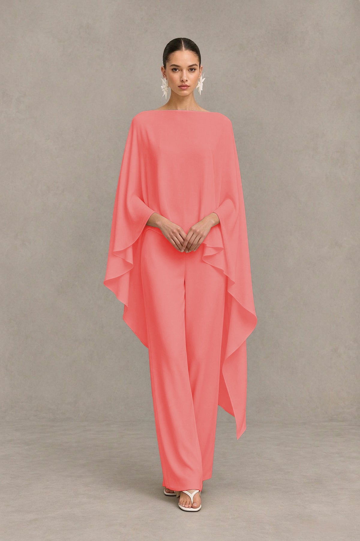 BOLODOO Coral Cape Sleeve Wide-Leg Formal Pantsuit - Coral - Coral_04