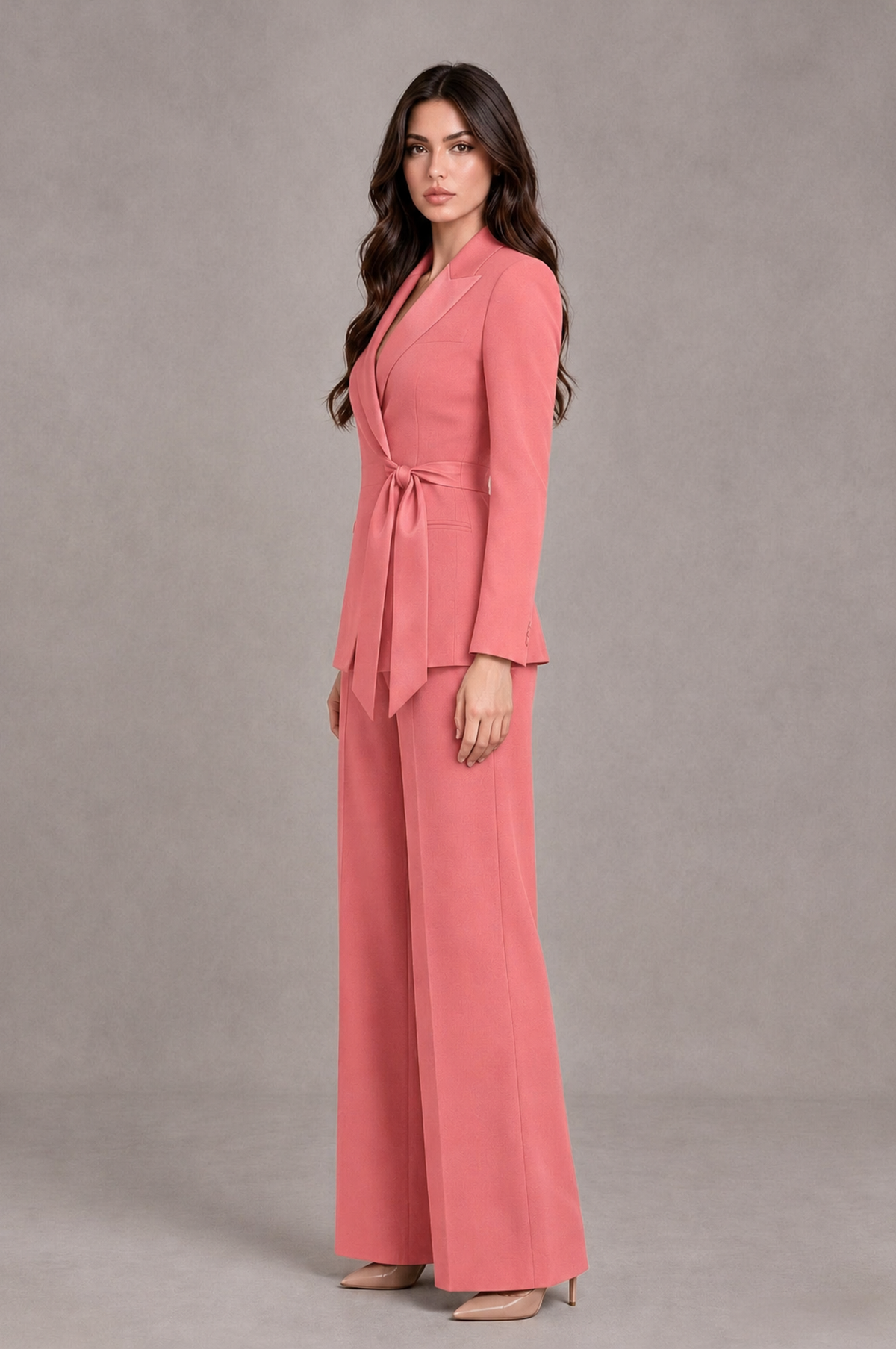 BOLODOO Coral Tie-Waist Blazer & Wide-Leg Pantsuit - Coral - Coral_04