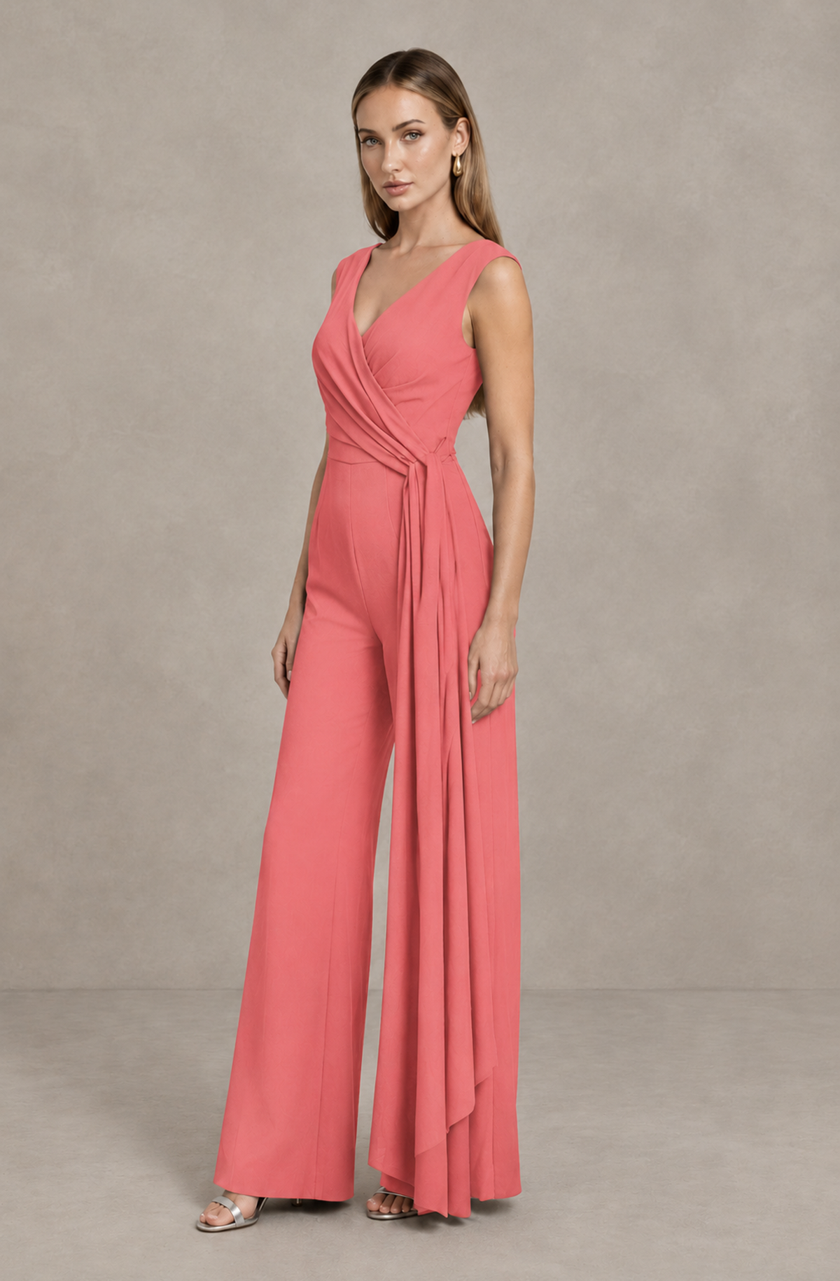 BOLODOO Coral Sleeveless V-Neck Wide-Leg Jumpsuit with Side Drape - Coral - Coral_04