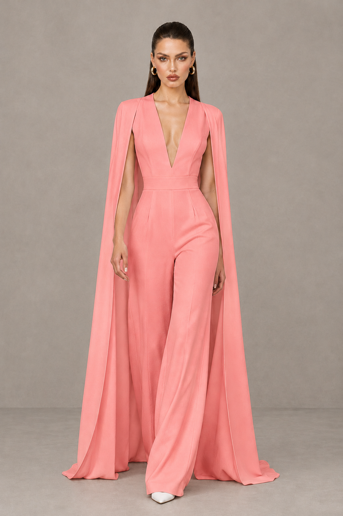 BOLODOO Coral Deep V-Neck Cape Sleeve Bridal Jumpsuit - Coral - Coral_04