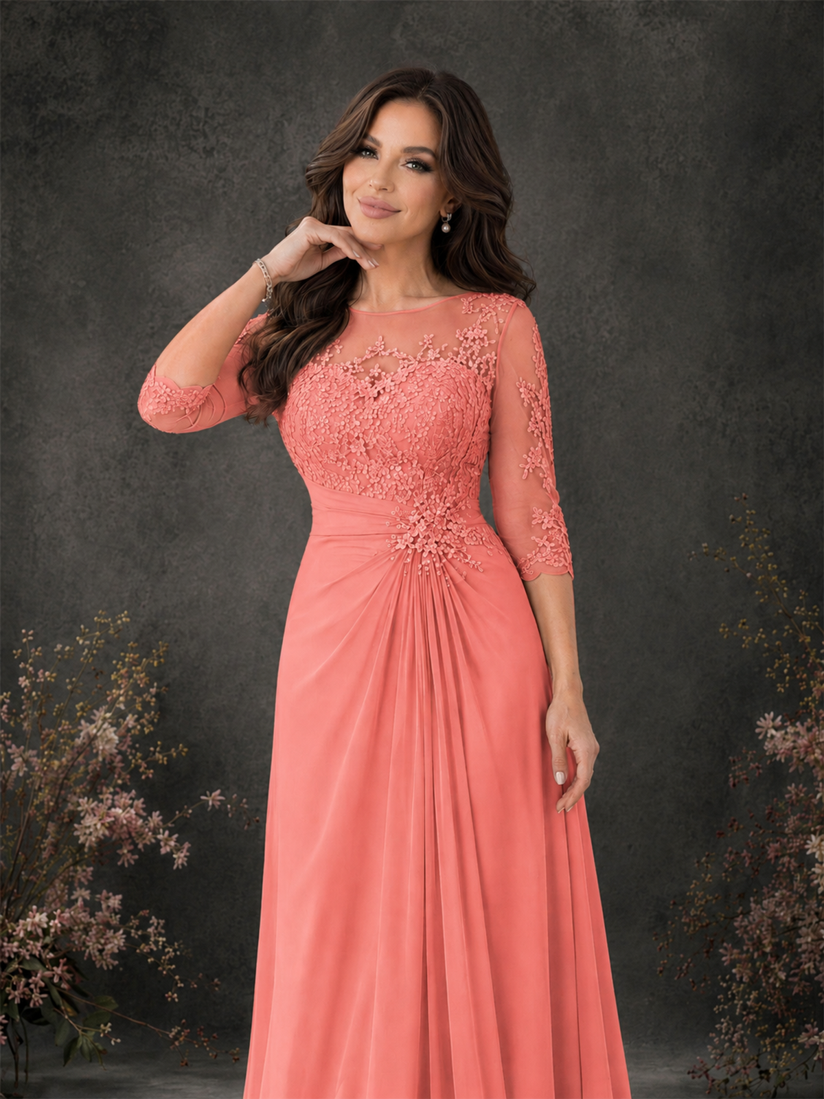 BOLODOO Coral Chiffon Lace Illusion Neckline 3/4 Sleeve Floor Length Formal Gown - Coral - Coral_04