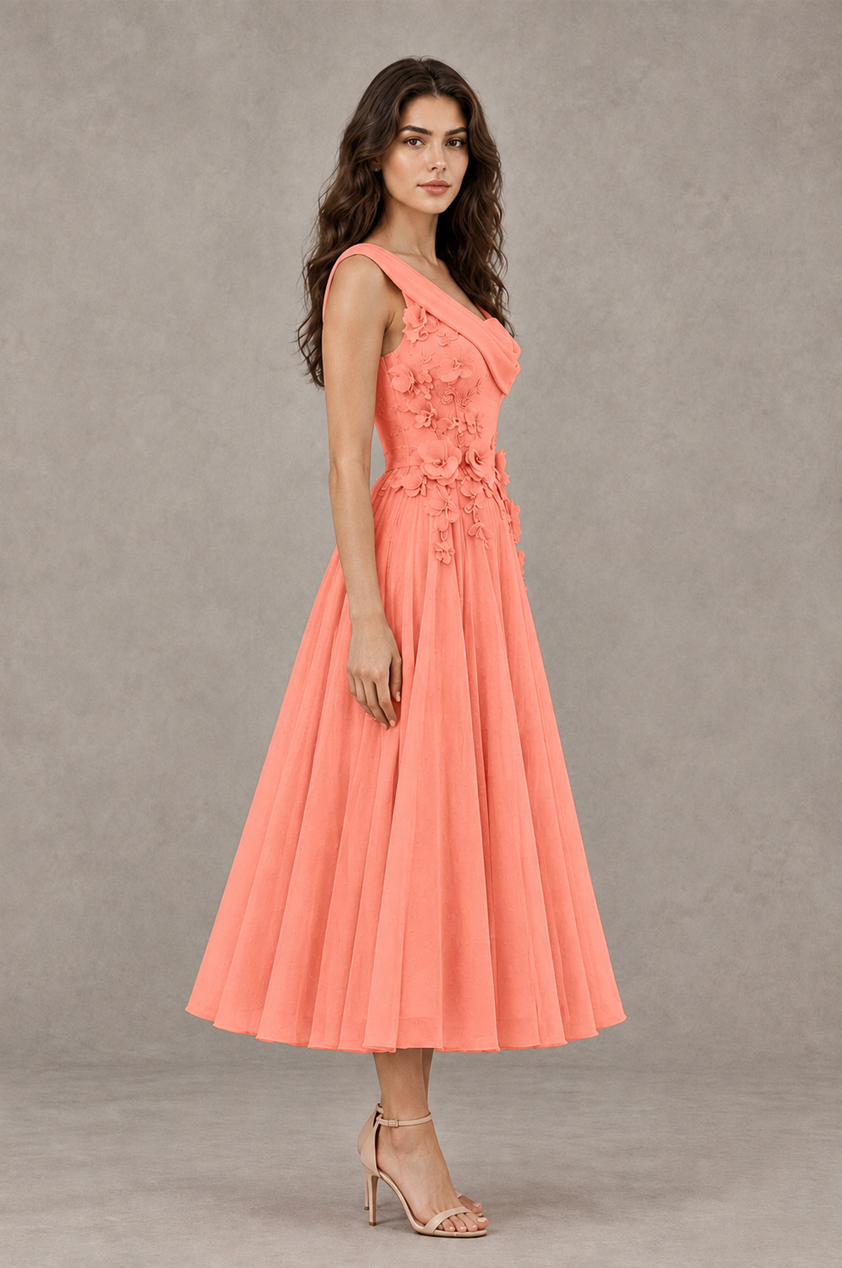 BOLODOO Coral One-Shoulder Floral Tulle Tea-Length Dress - Coral - Coral_04