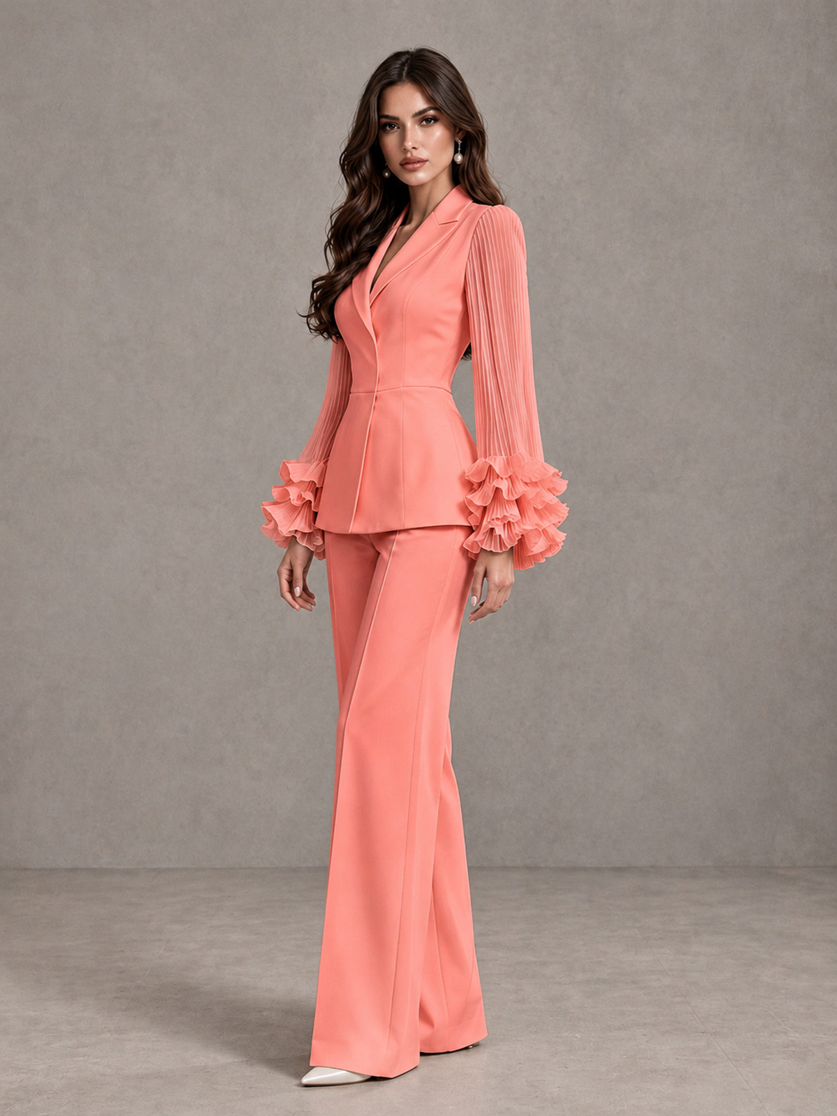 BOLODOO Coral Mother of the Bride Pant Suit – Pleated Long Sleeve Ruffle Cuff Wide Leg Trouser Suit - Coral - Coral_04