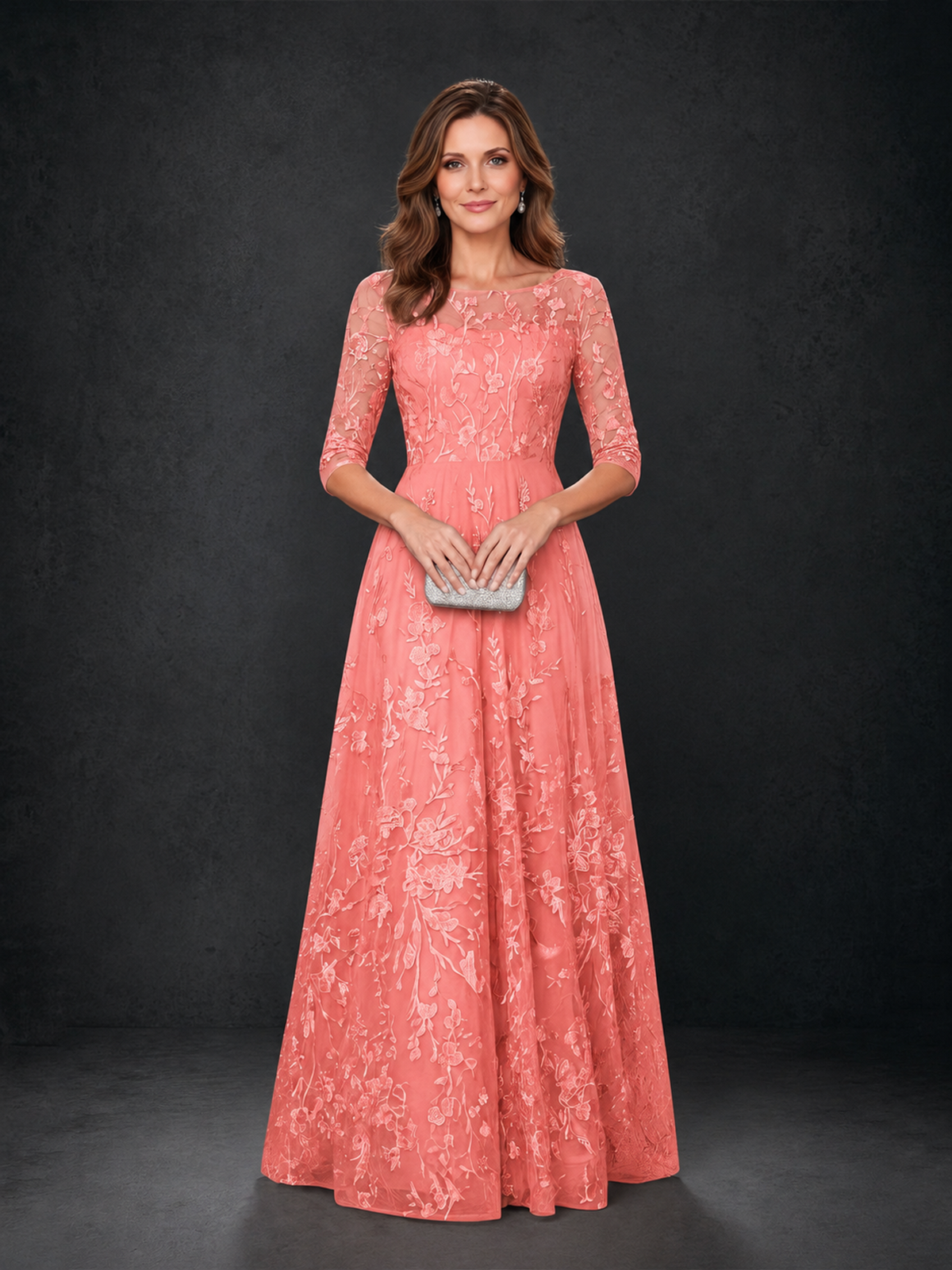 BOLODOO Coral Illusion Bateau Neck 3/4 Sleeve Floral Lace A-Line Mother of the Bride Dress MX007 - Coral - Coral_04