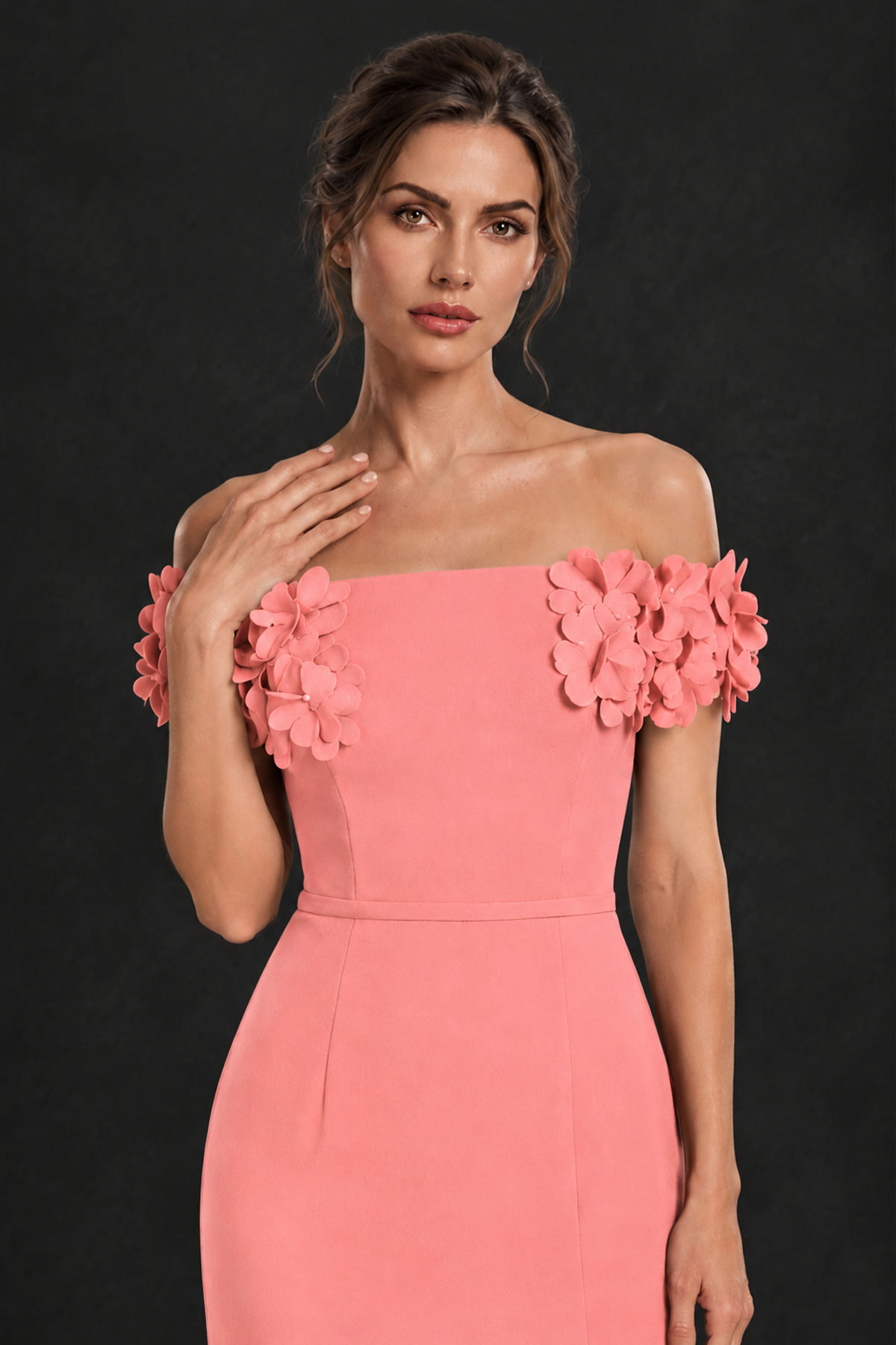 BOLODOO Coral Off-the-Shoulder Mother of the Bride Dress with Floral Appliques - Coral - Coral_04