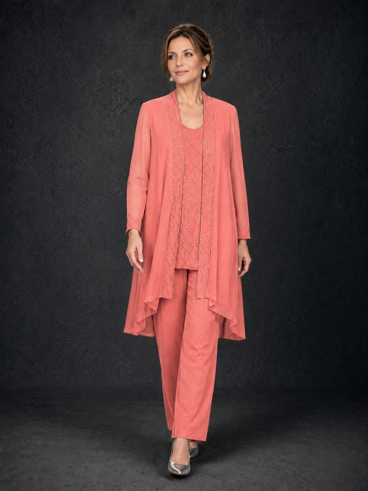 BOLODOO Coral 3-Piece Beaded Chiffon Duster Jacket Pant Suit - Coral - Coral_04