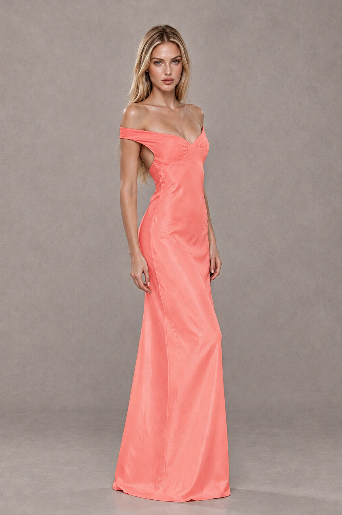 BOLODOO Coral Off-Shoulder Open-Back Satin Evening Gown - Coral - Coral_04