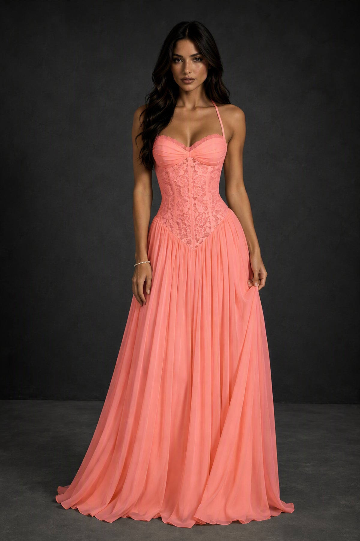 BOLODOO Coral Lace Corset Halter Maxi Gown – Backless A-Line Formal Dress - Coral