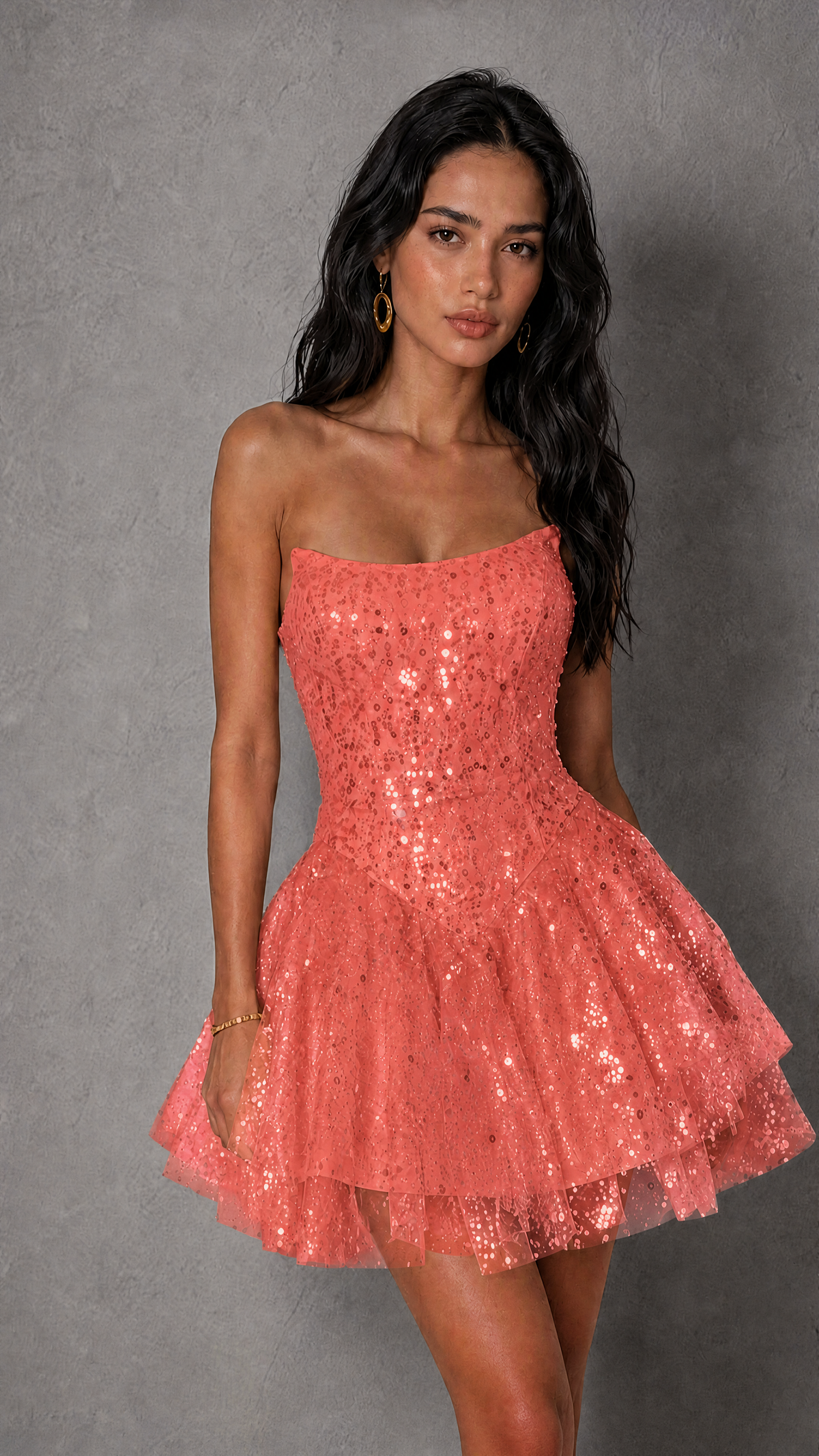 BOLODOO Coral Sequin Strapless Corset Tiered Ruffle Mini Dress | BD0563 - Coral