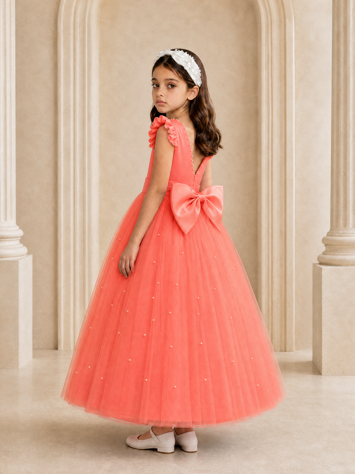 BOLODOO Coral Tulle Flower Girl Dress with Ruffle Sleeves & Bow Back - Coral - Coral_1