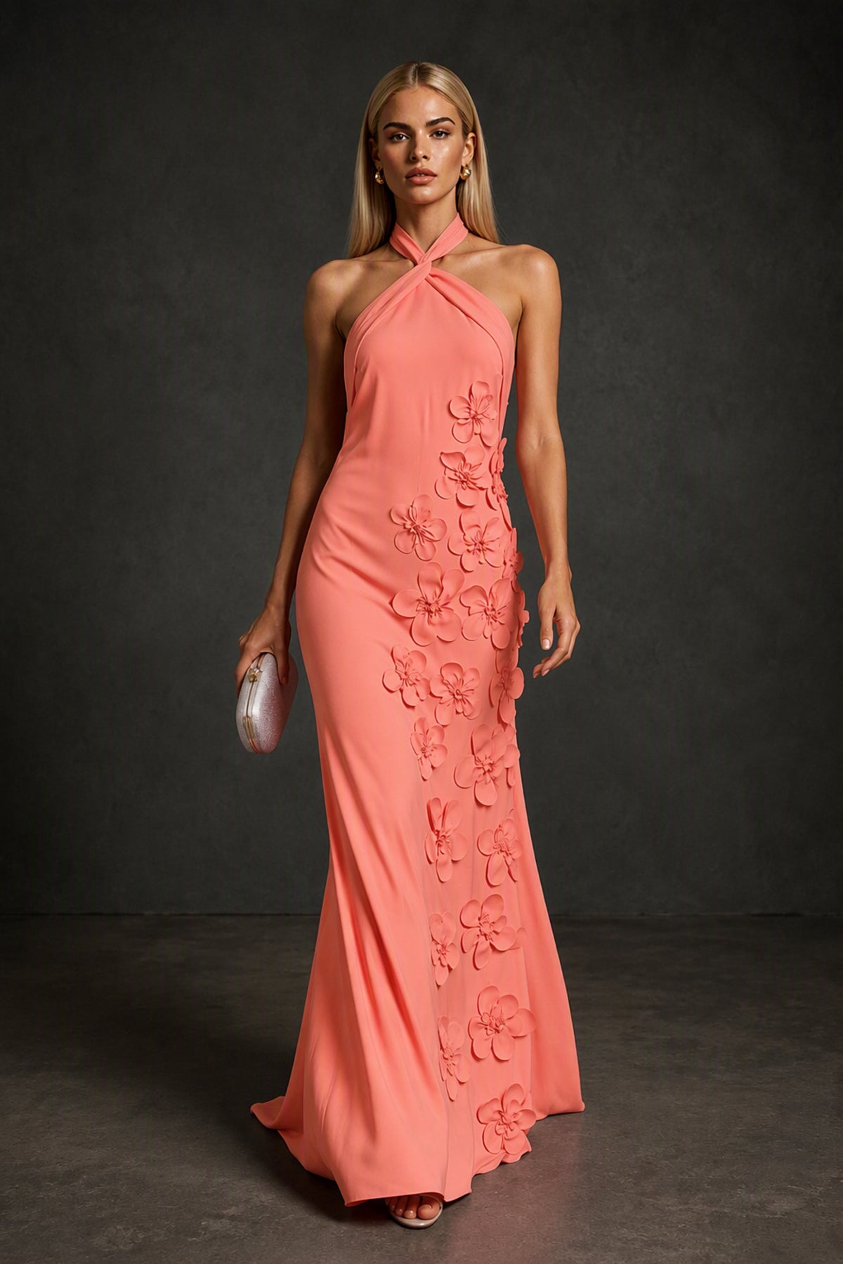 BOLODOO Coral Cross Halter Neck 3D Floral Appliqué Backless Mermaid Maxi Gown - Coral