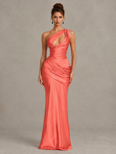 BOLODOO Coral One-Shoulder Cutout Satin Mermaid Prom Dress - Coral - Coral_1