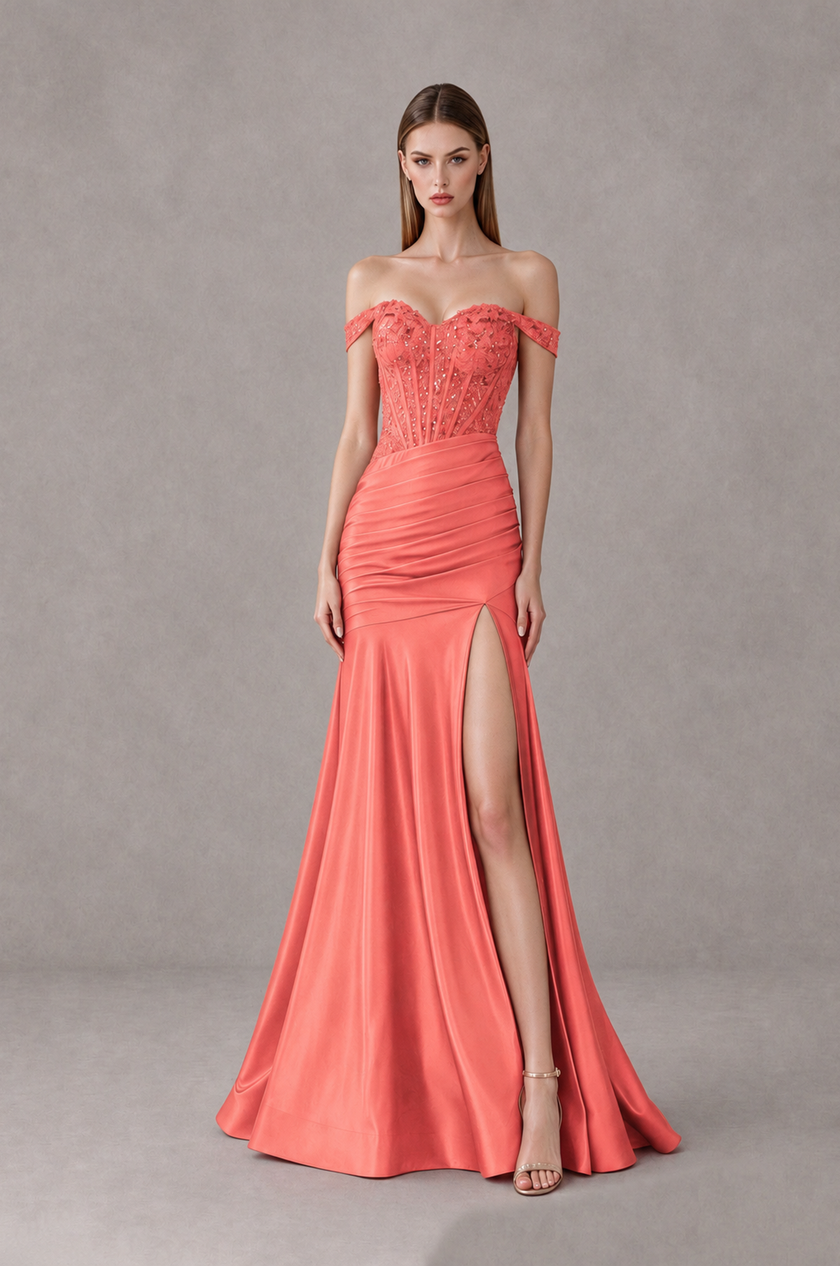 BOLODOO Coral Off-Shoulder Corset Mermaid Prom Dress with Slit Sequin Lace Evening Gown - Coral - Coral_1