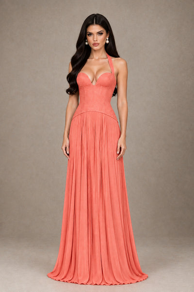 BOLODOO Coral Halter Corset Pleated A-Line Evening Dress - Coral - Coral_1