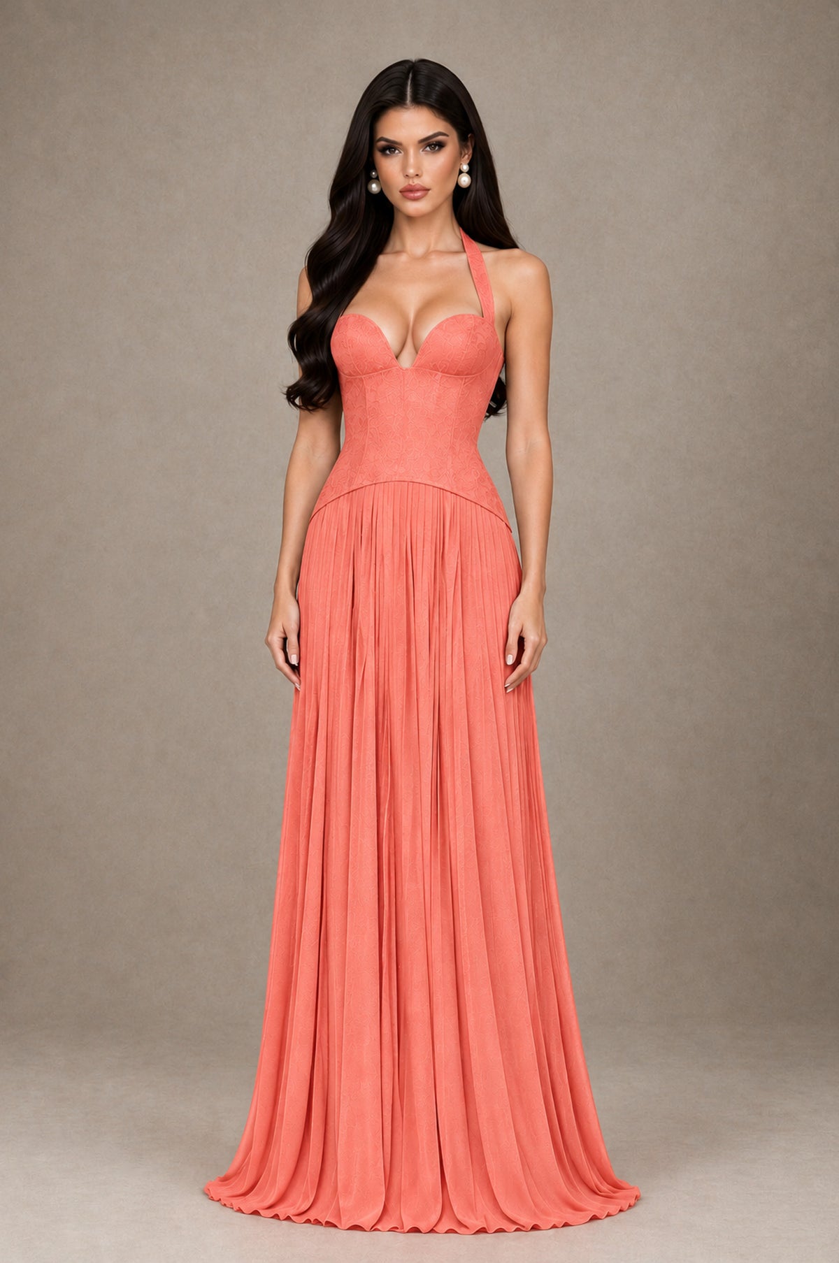 BOLODOO Coral Halter Corset Pleated A-Line Evening Dress - Coral - Coral_1