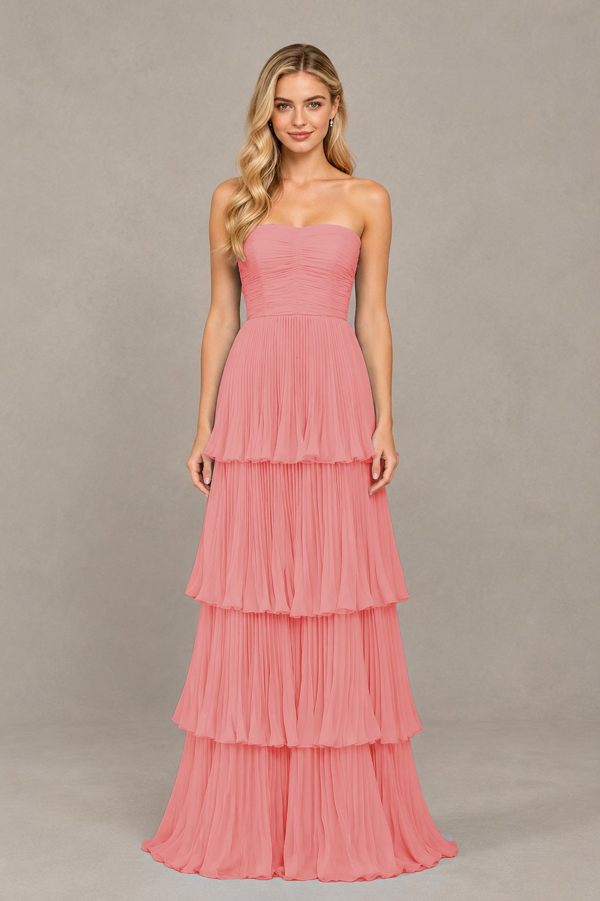 BOLODOO Coral Strapless Tiered Chiffon Maxi Dress - Coral