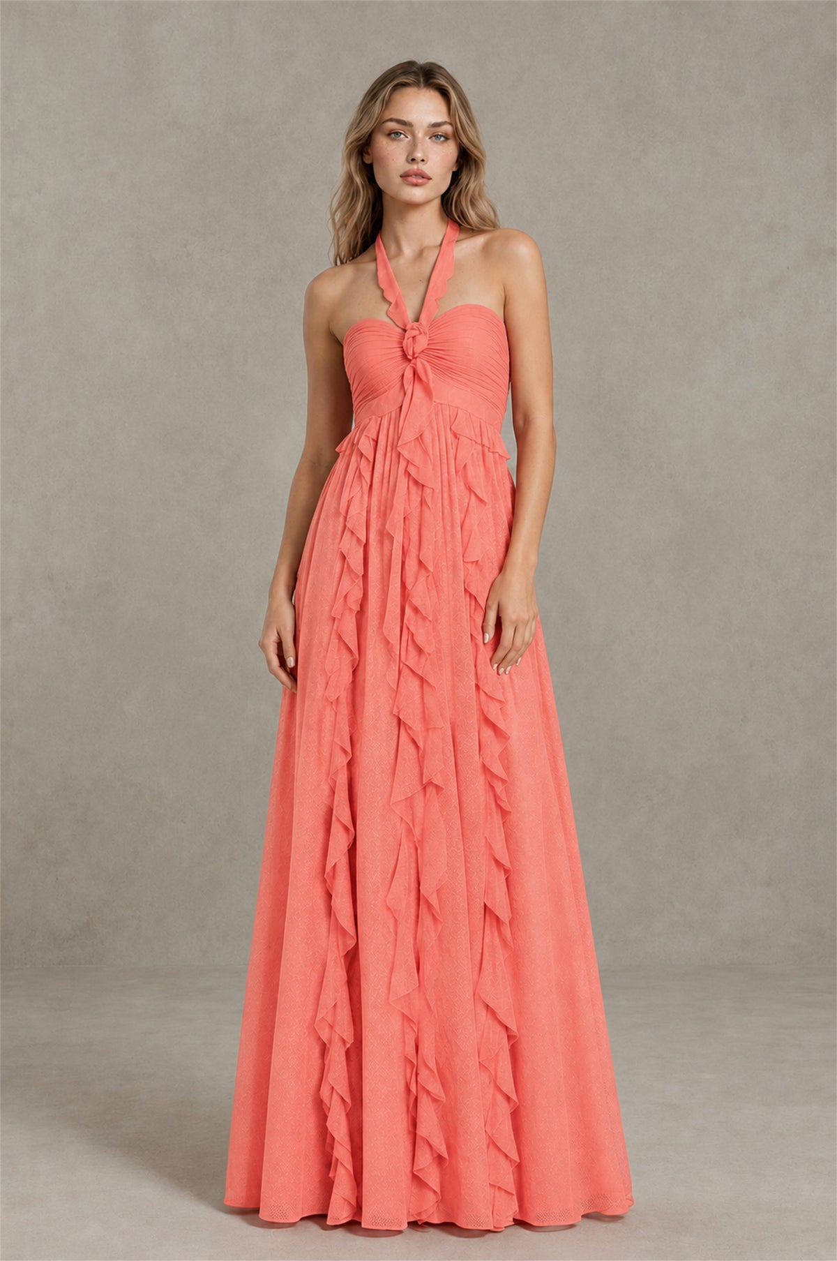 BOLODOO Coral Halter Ruffle A-Line Floor-Length Evening Dress - Coral - Coral_1