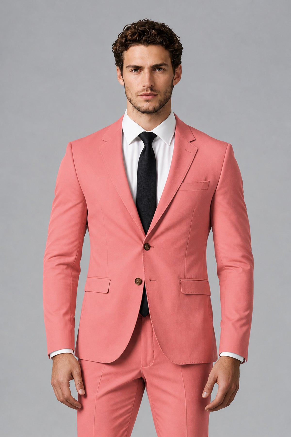 Bolodoo Men's Coral Two-Piece Suit with Notch-Lapel Jacket & Trousers - Coral - Coral_1