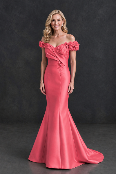 BOLODOO Coral Off-Shoulder Floral Mermaid Mother of the Bride Dress - Coral - Coral_1