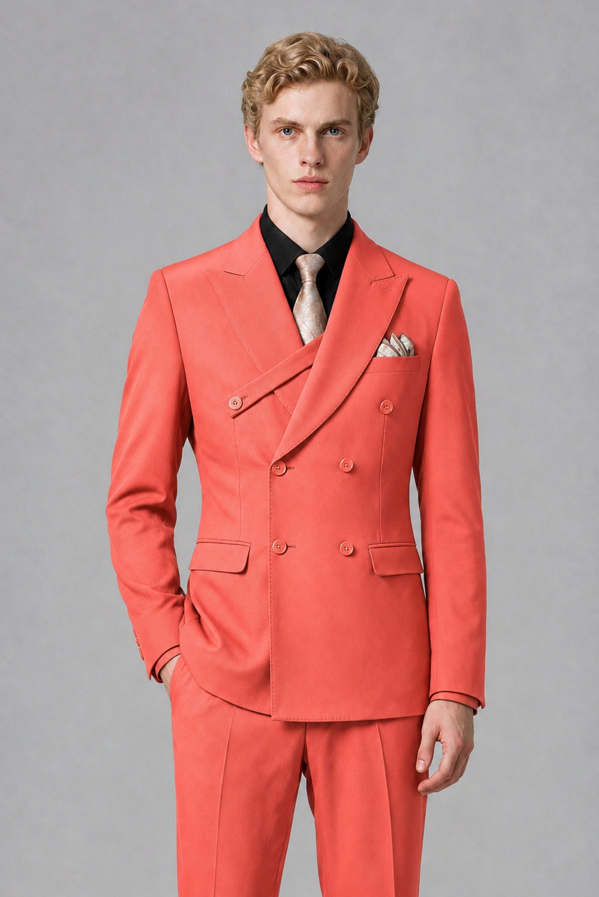BOLODOO Men's Coral Double-Breasted Two-Piece Suit – Jacket & Trousers - Coral