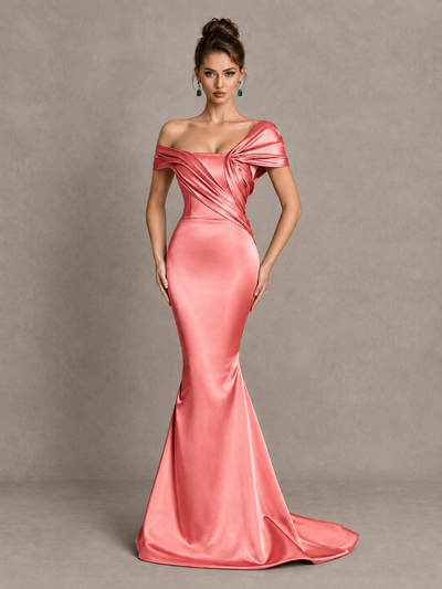 BOLODOO Coral Off-Shoulder Satin Mermaid Prom Dress - Coral - Coral_1