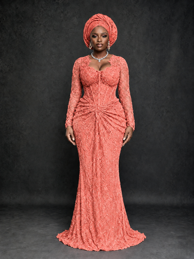 BOLODOO Coral Beaded Lace Long Sleeve Mermaid Gown Sweetheart | Mother of the Bride - Coral - Coral_1