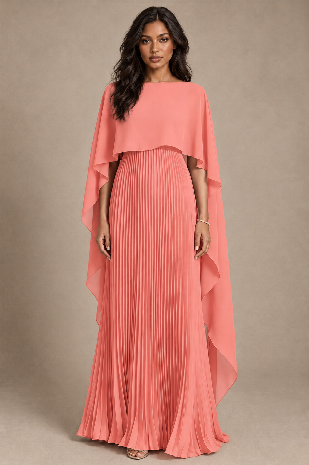 BOLODOO Coral Pleated Cape A-Line Evening Dress - Coral - Coral_1