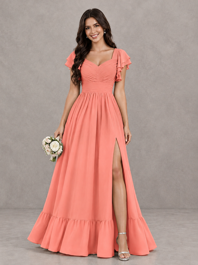BOLODOO Coral Flutter Sleeve Bridesmaid Dress with Slit - Coral - Coral_1