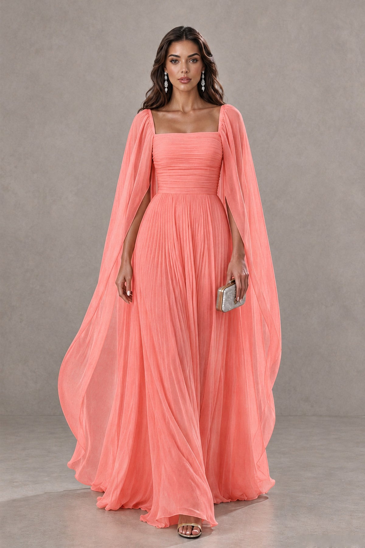 BOLODOO Coral Square Neck Cape Sleeve A-Line Evening Dress - Coral - Coral_1