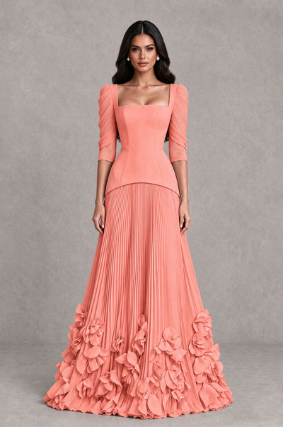 BOLODOO Coral Square Neck Pleated Floral Applique Evening Dress - Coral - Coral_1