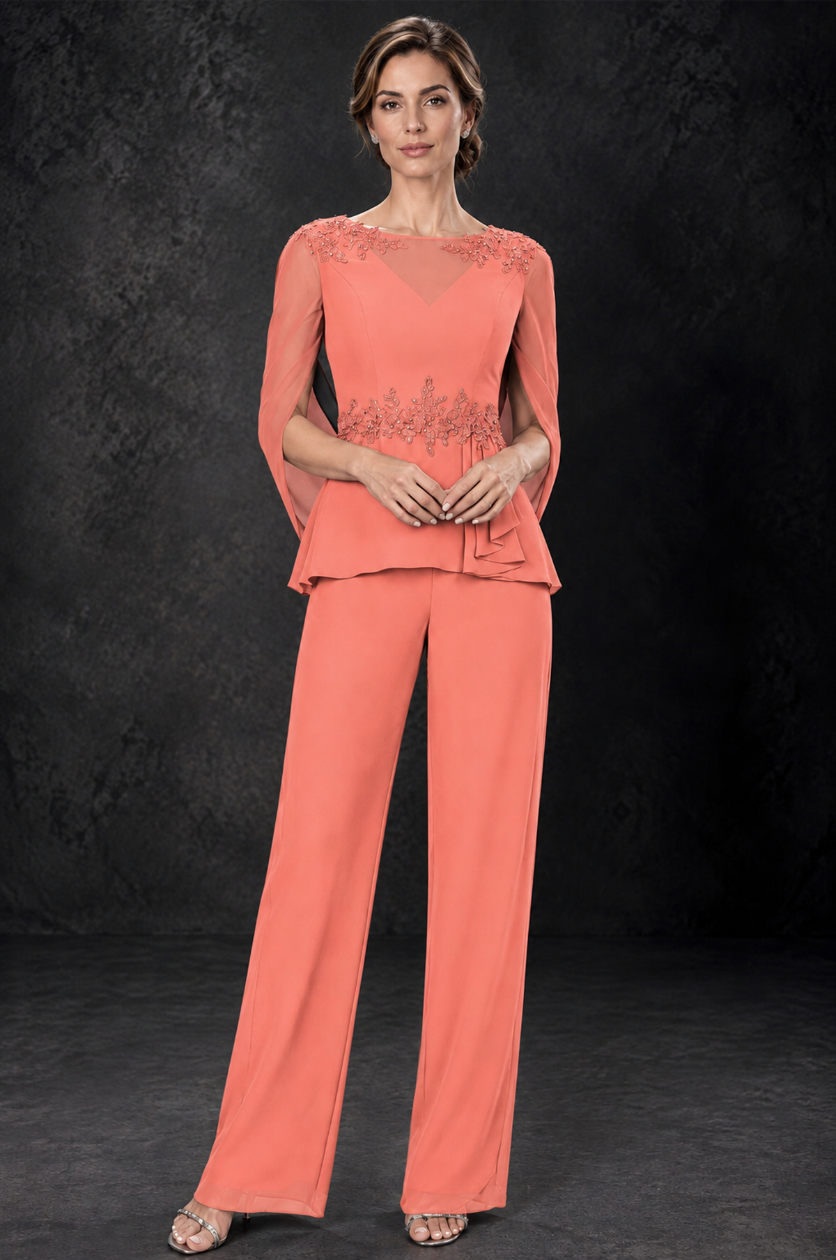 BOLODOO Coral Embellished Cape Sleeve Mother of the Bride Pantsuit - Coral - Coral_1